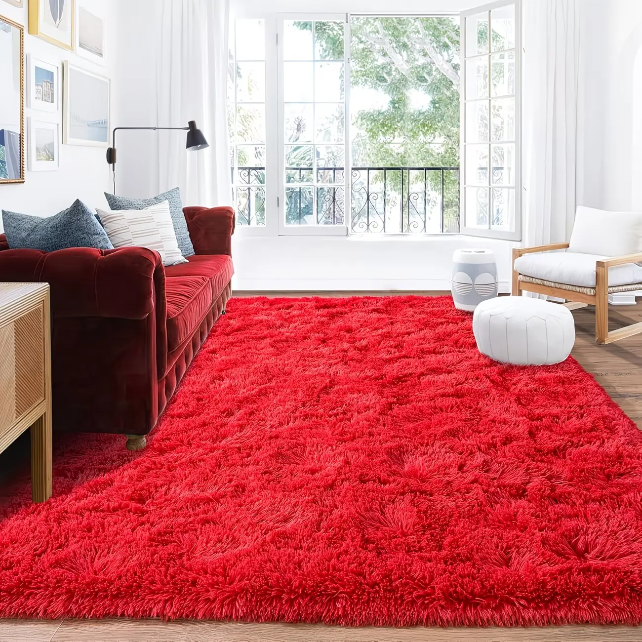 BLIOWL Luxury Red Shaggy Rug, Ultra Soft Fluffy Large Carpet for Bedroom Living Room, Modern Thick Silky Home Decor, Upgraded Non-Slip Bottom, Ideal Gift for Mother’s Day & Easter, Includes 4 Carpet Stickers, Furry Floor Rugs Soft Area Rug