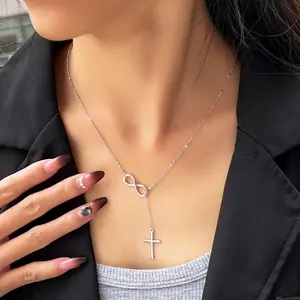 925 Sterling Silver Infinity Symbol & Cross Charm Pendant Necklace, Women's Popular Lucky Jewelry Gift Minimalist Elegance Adjustable Fit Hypoallergenic Customizable Eternal Love Daily Wear Faith
