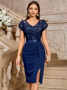 MIUSOL 54347A Women's Sequin Floral Lace V Neck Elegant Ruffle Ruched Style Slim Fit Cocktail Party Chic Womenswear Formal Dress