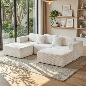 【Father's Day】110-in Corduroy Boneless U-Shaped Modular Sectional Sofa with 2 Ottomans, Convertible Sofa Bed, Fixed Arms, Ergonomic Memory Foam Deep Seats, No Assembly Required (3 Packages Shipping)