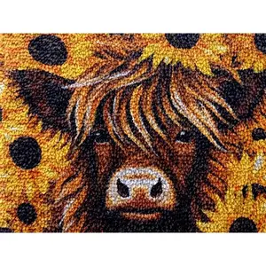 Highland Cow & Sunflowers Latch Hook Kits Rug DIY Cushion Tapestry Making Crochet Hook Mat Making Kits Color Preprinted Pattern Canvas DIY Carpet Needlework Crochet Kits 52x38cm (d99-114)