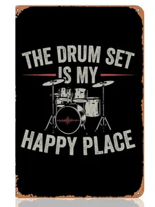 Drums Player Metal Sign The Drum Set Is My Happy Place Vintage Drummer Wall Art 8"x12" Metal Plaque for Room Decor Gifts for Drummers Boys or Men