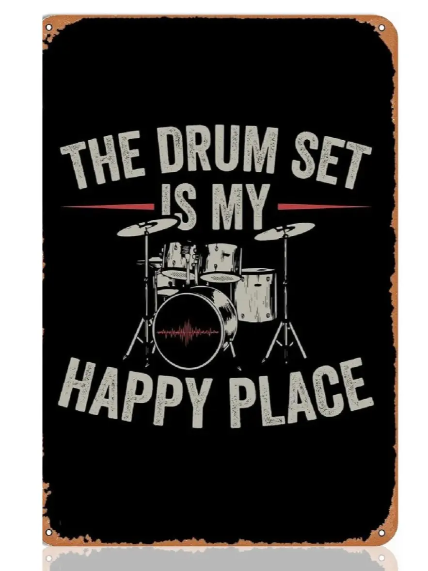 Drums Player Metal Sign The Drum Set Is My Happy Place Vintage Drummer Wall Art 8"x12" Metal Plaque for Room Decor Gifts for Drummers Boys or Men