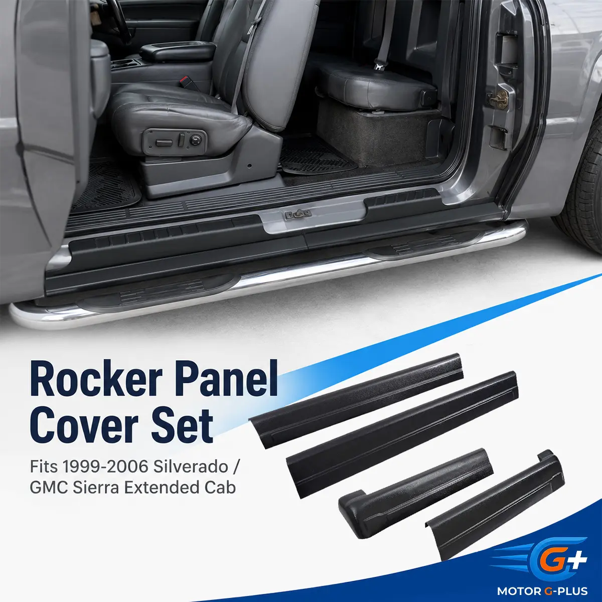 Brand New 1 Set Rocker Panels, MOTOR GPLUS ABS Plastic Replacement Covers - 4-Piece Adhesive-Mount, Rock Guard for 1999-2006 Silverado/GMC Sierra Extended Cab, Side Protection, Resists Daily Truck Wear (Part No. 14068), Truck Exterior Accessory