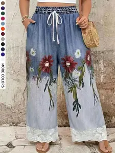 Plus Size Women's Printed Loose Casual Pants, Lace Patchwork Elastic Waist Belted Wide Leg Design, Comfortable Fashion for Daily Wear