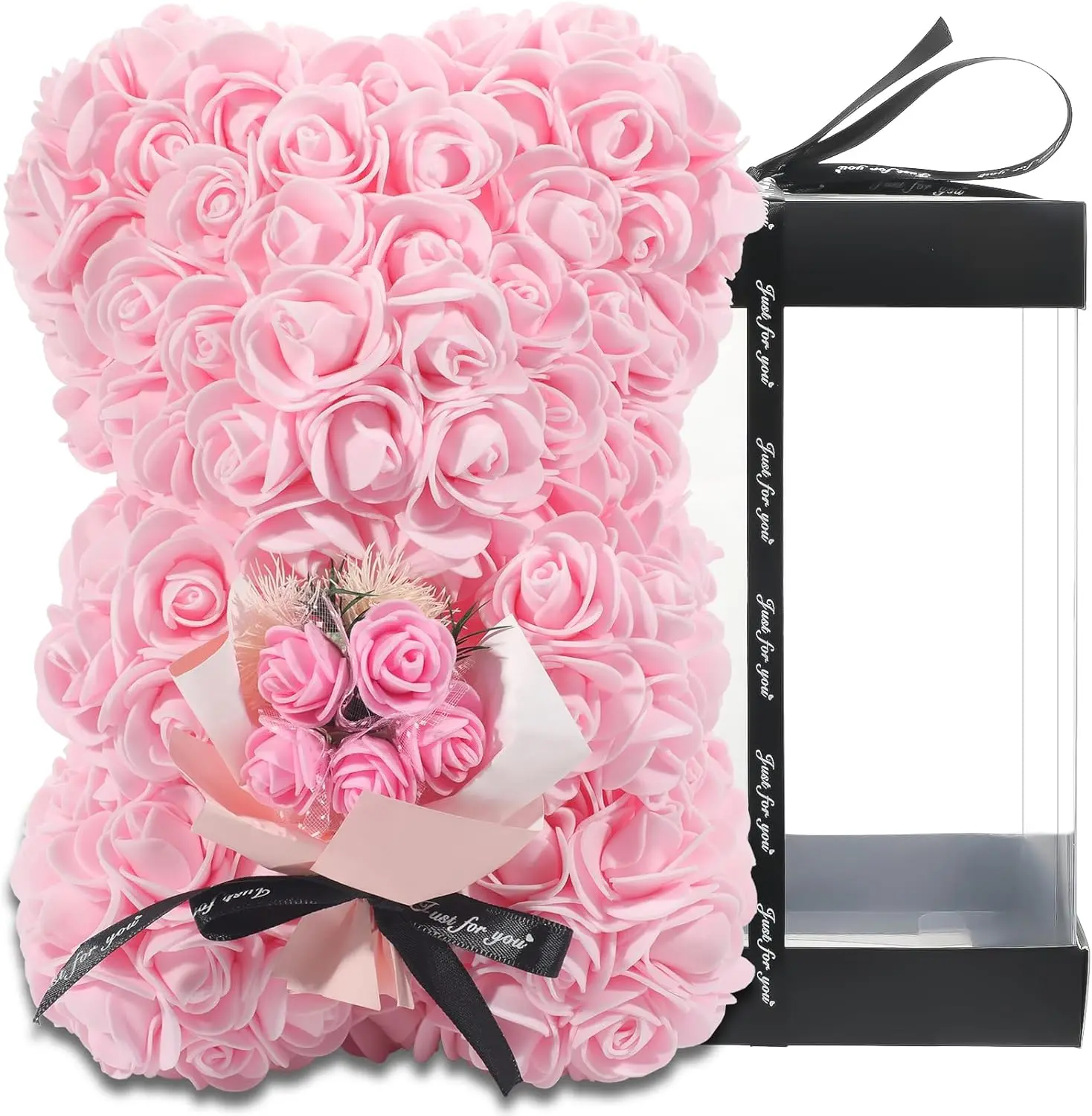Rose Bear for Mom, Pink Artificial Flowers with Handmade Rose Bouquet as for Women, Grandma, Wife, Birthday Day, Romantic Anniversary, Wedding
