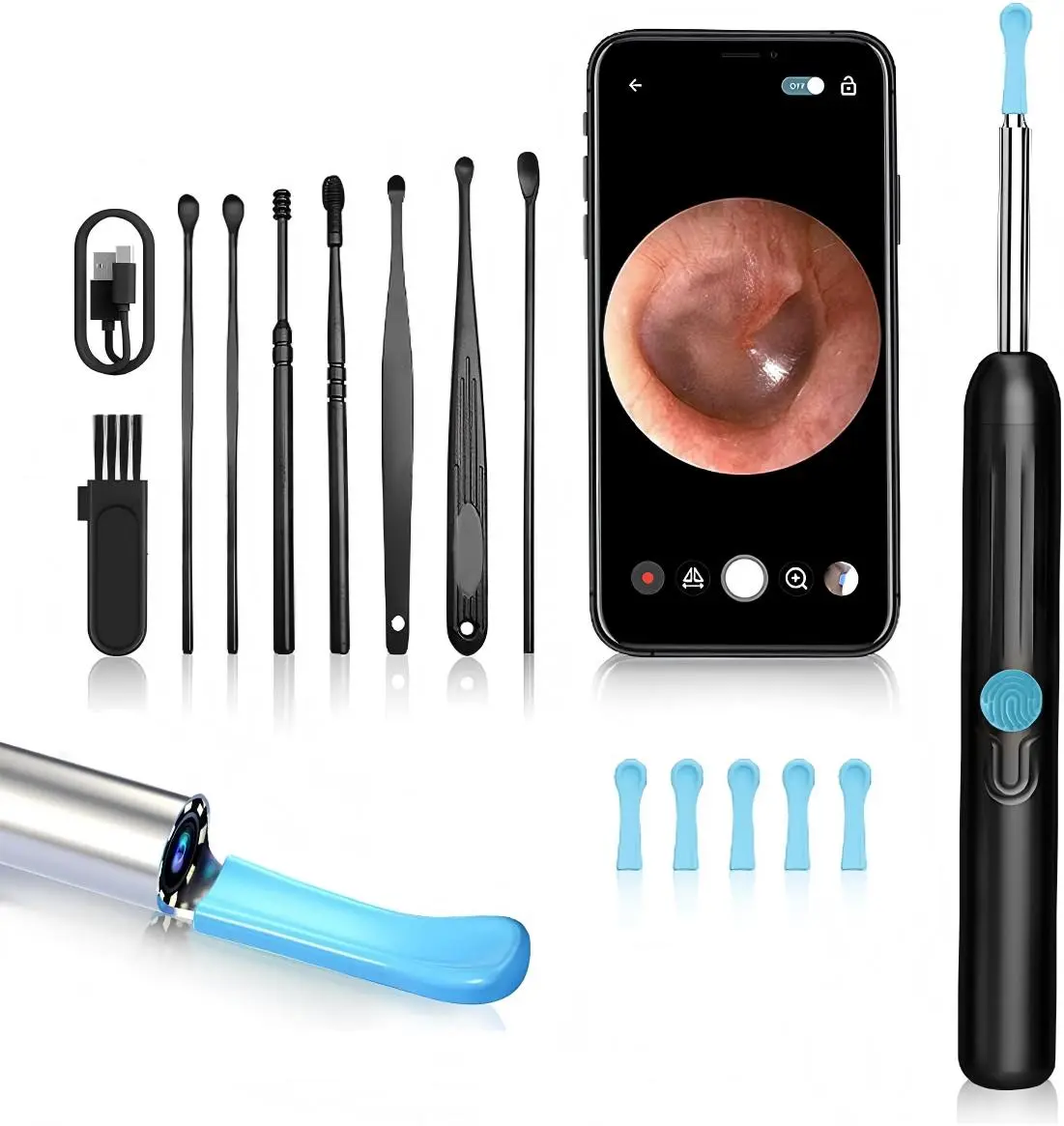 Earwax Cleaning Kit with 1080P Camera, 6 LED Lights, 8 Silicone Ear Picks, Safety Ultra-Thin Lens, Ear Canal Cleaner for iPhone, iPad, Android Phones & Charging Cable