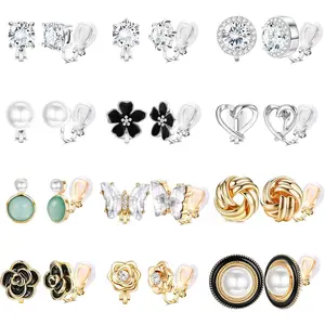 THUNARAZ 12 Pairs Retro Shining Ear Clips for Women Sparkling Crystal Clip Earrings Non Piercing Jewelry CZ Cute Butterfly Flower Pearl Clip on Stud Earrings Non Tarnish Jewelry Floral Men's Earrings Stack Goth Accessories for Christmas Gift