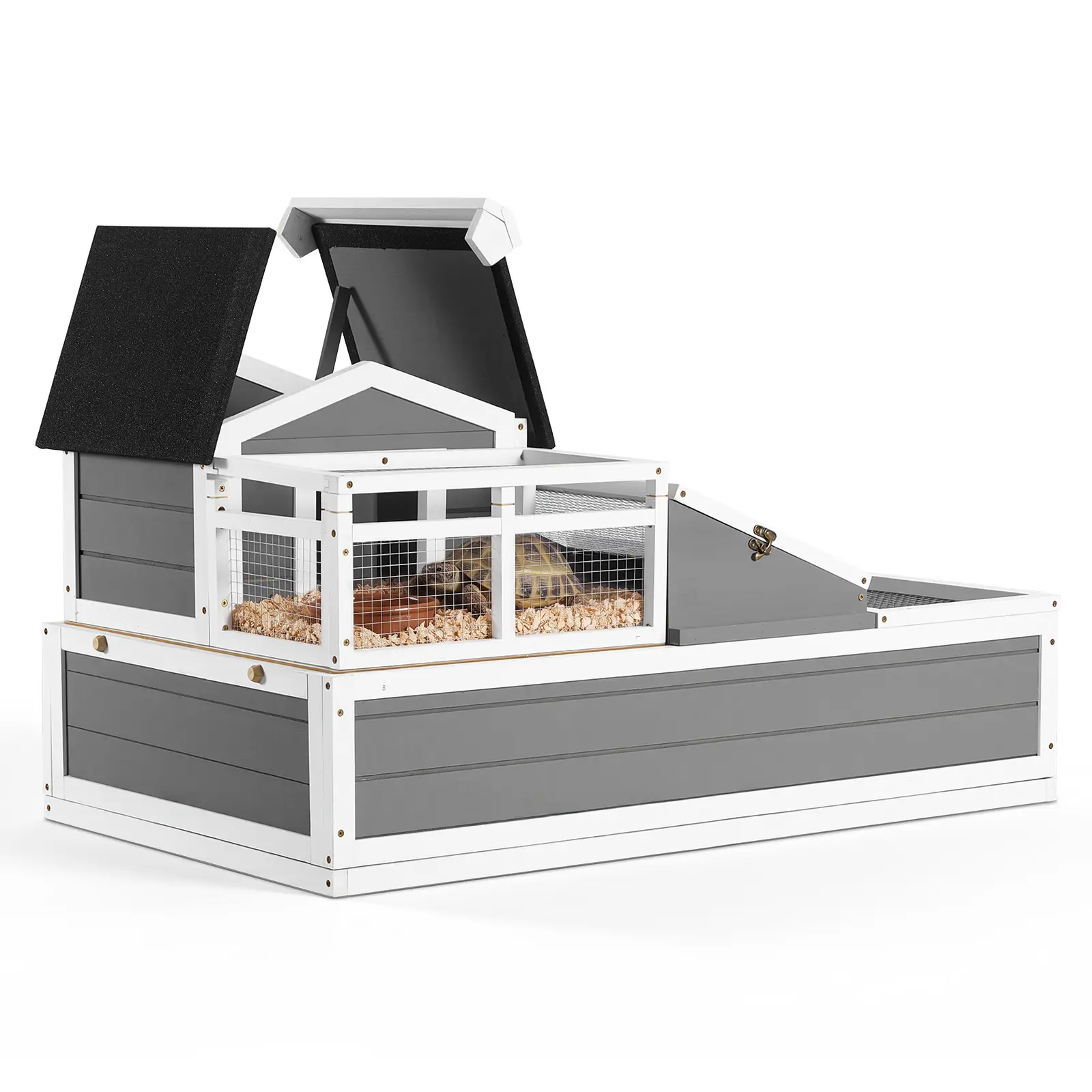 VEVOR Tortoise Habitat 4-Room Wooden Tortoise House with Balcony 2 Stories, for Small Animals Indoor Outdoor, Built-in Ramp, Indoor Large Turtle Enclosure Reptile Cage with Openable Roof, Viewing Area