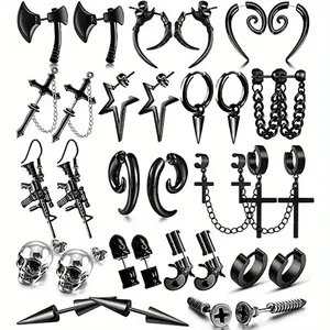 32-Piece Punk Y2K Black Stainless Steel Earring Set for Men and Women - Includes Axe, Star, Spiral Cone Designs and More