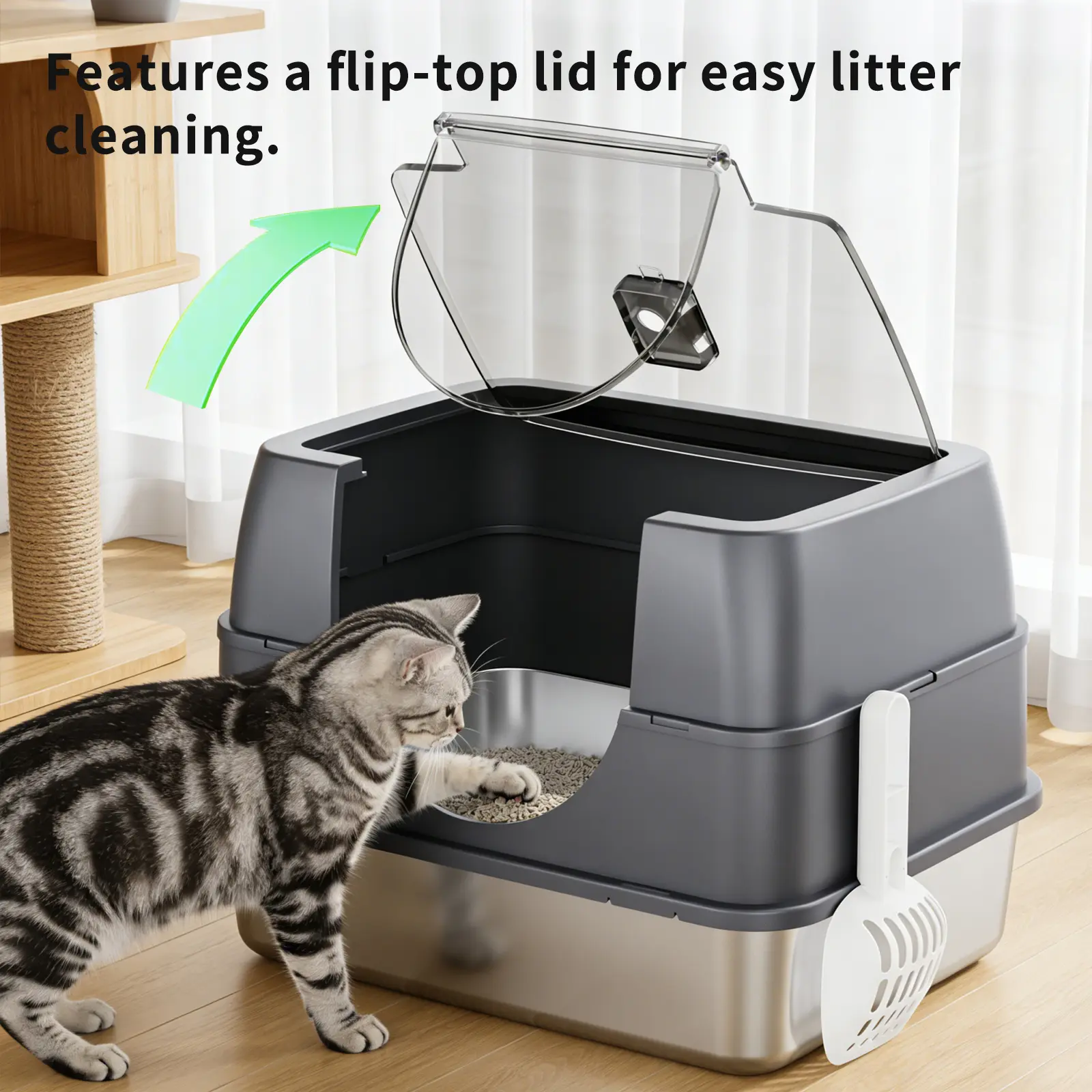 Enclosed Cat Litter Box with Flip-Top Lid, Stainless Steel Large Covered Litter Box, High Sided Metal Litter Pan with Litter Scoop & Mat, Odor Control, Leak Proof, Easy Cleaning, Grey（19.69 x 13.78 x 13.78 inches ）