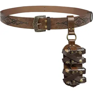 Medieval Embossed Alchemy Faux Leather Buckle Belt with 4 Cork Vials, Fantasy Wizard Potion Bottles Belt