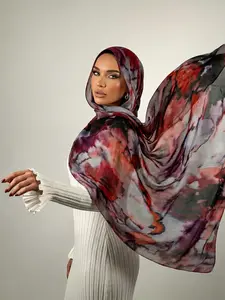 1PC Trendy Tie-Dye Print Chiffon Hijab Scarf, Elegant Women's Print Headscarf Head Wraps, Muslim Fashion Daily Wear Modesty, Breathable Summer Beach Long Shawl