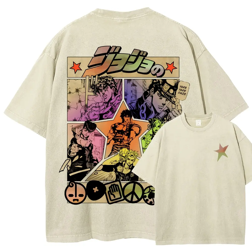 Men's Vintage Jojo's Bizarre Adventure Graphic Short-Sleeve Fitted T-Shirt - Distressed Washed Round Neck Top, Festive Menswear, Father's Day Gift, Shortsleeve, Mens Gifts, Good Graphic Tees, Anime Merchandise, Streetwear, Cargo, Cotton, Fabric, Soft