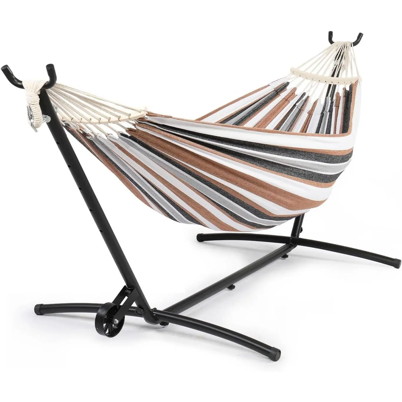 Double Hammock with Spreader Bar & Heavy-Duty 9ft Steel Wheel Stand, Brazilian Hammock Set, Portable Hammock with Stand for Outside, Backyard, Camping, Includes Carry Bag, 550lb, Desert Strip