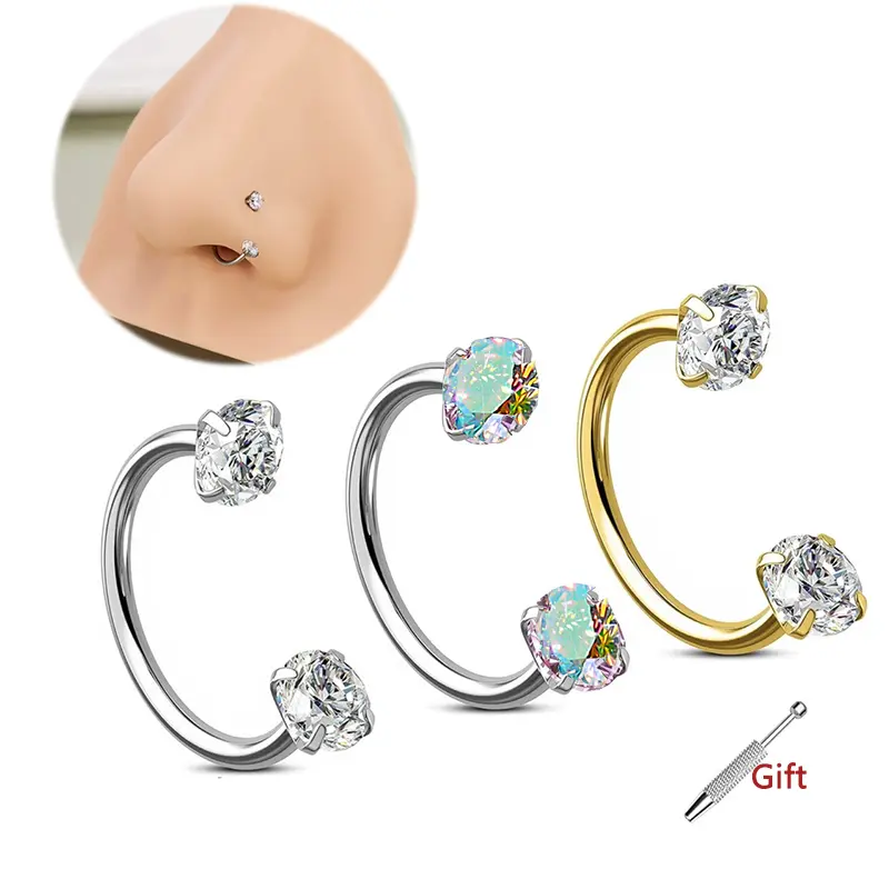 6mm/7mm 18G Titanium Horseshoe Nose Ring (Free Ball Grabber Tool) G23 Daith Nose Hoop Rook Septum body Piercing Jewelry for Women Men 9mm girl Zircon