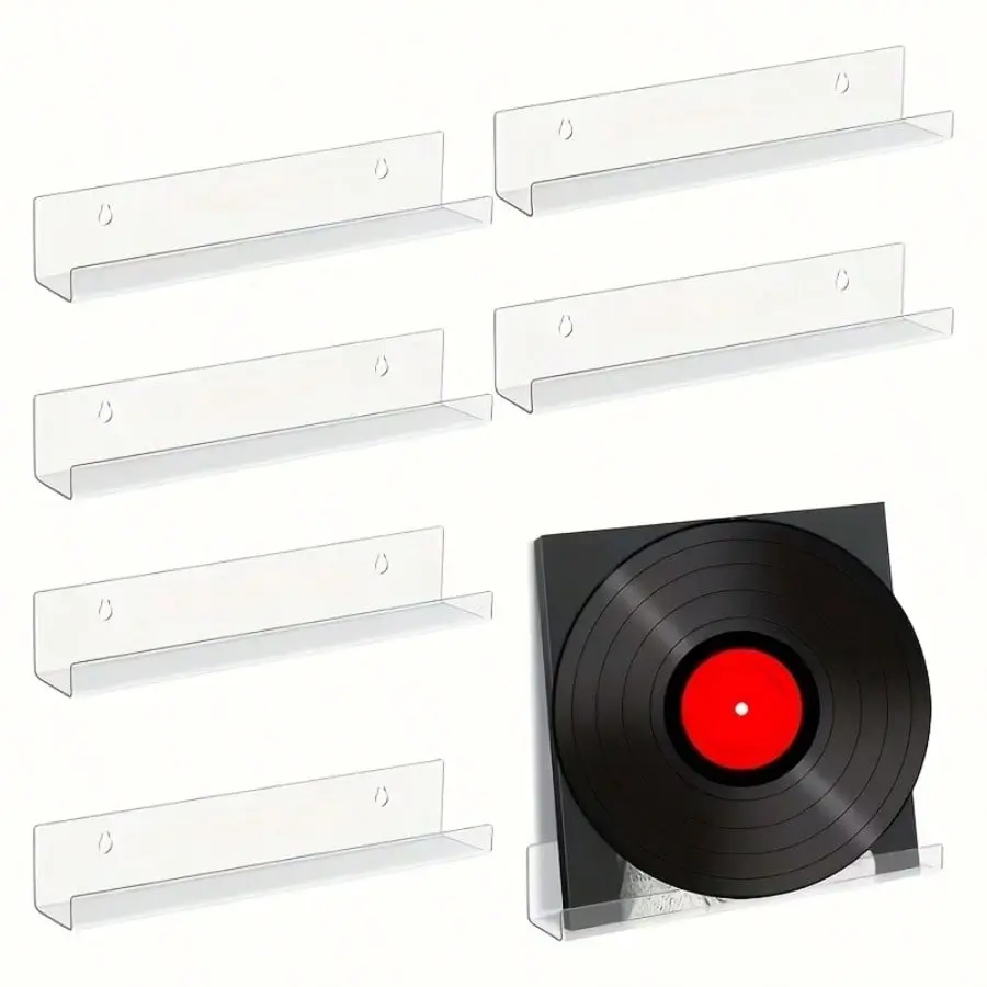 6 Pack Acrylic Vinyl Record Shelf with Wall Mount Design, Clear Record Album Holder Storage Display Your Daily Listening in Style Decor Set