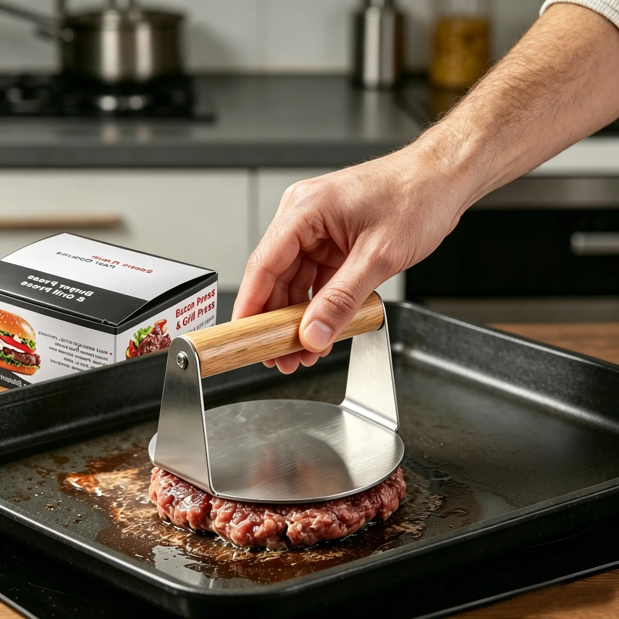 Stainless Steel Smash Burger Press with Ergonomic Wood Ergo Handle - Kitchen Utensils for Grilling Crisp Sealing, Non-Stick Patties, Bacon, Panini, Meat Tenderizer, Poultry, Chicken, Hamburger Patty Maker, Round