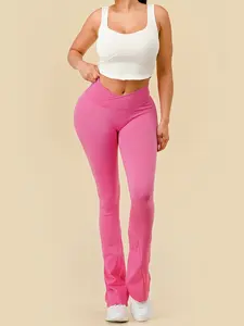 WOMENS FLARE PANTS RIBBED V-SHAPE, HIGH WAIST, WIDE LEG