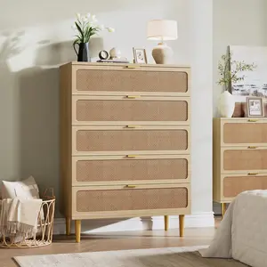 Beige/Khaki Rattan 5 Drawer Dresser for Bedroom, Tall Dresser with Deep Drawers, Large Chest of Drawers for Closet with Wide Top, Long Wooden Dresser for Living Room, Hallway, Kids Room, Natural, 5-Drawer Storage