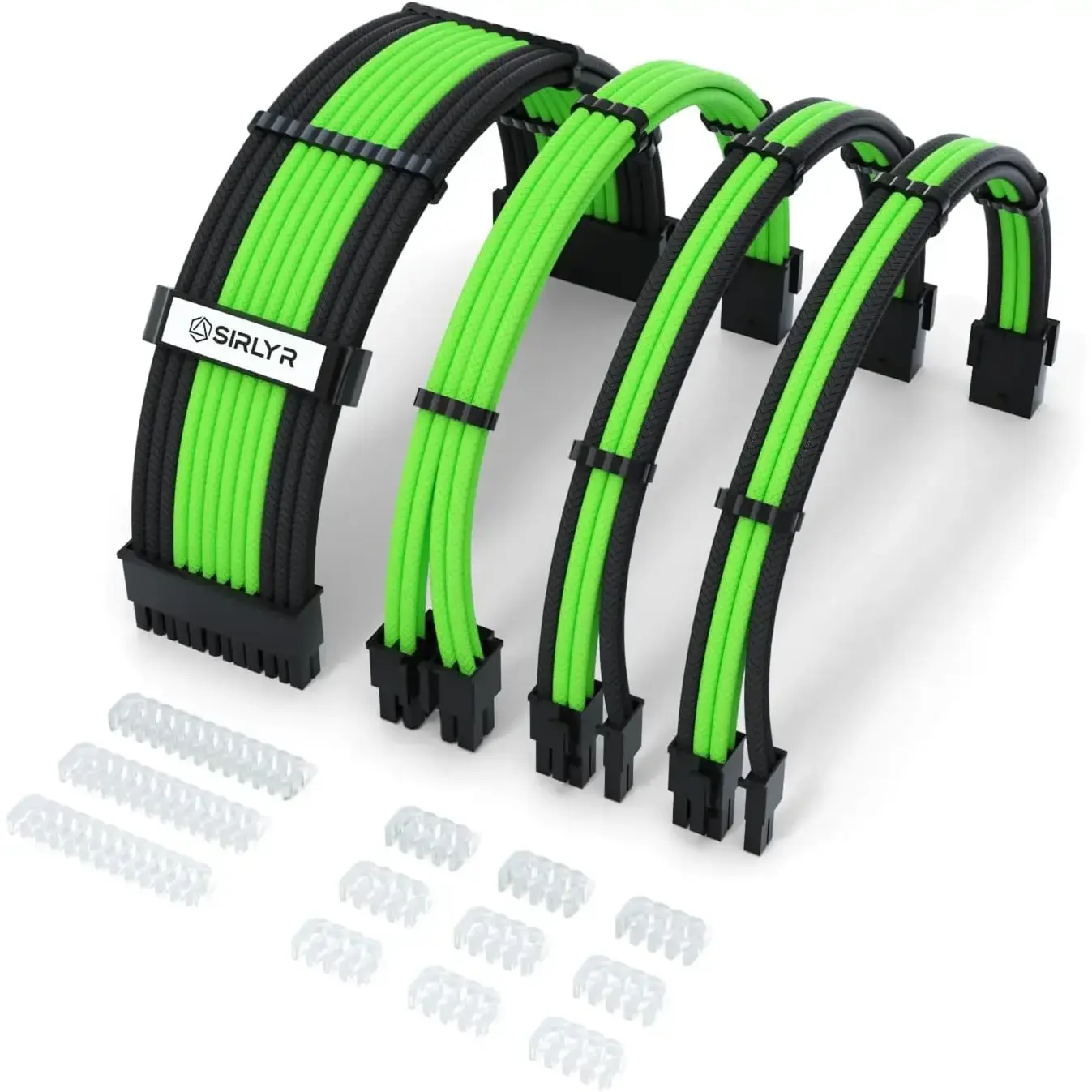Nylon Sleeving Pre-Bend PC Power Supply Cable Extension Kit (30cm/11.8inch) - 1x24 Pin ATX, 1x8pin CPU EPS, 2x8 Pin GPU Gold-Plated Connectors, Chartreuse Black (4 Kits)
