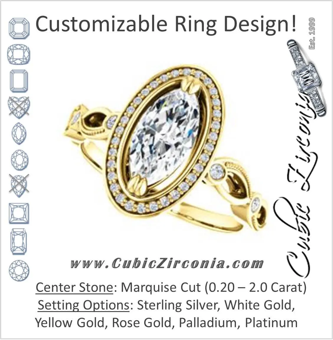 Cubic Zirconia Engagement Ring- The Angela (Customizable Whimsical Sculpture Halo-Style with Marquise Center)