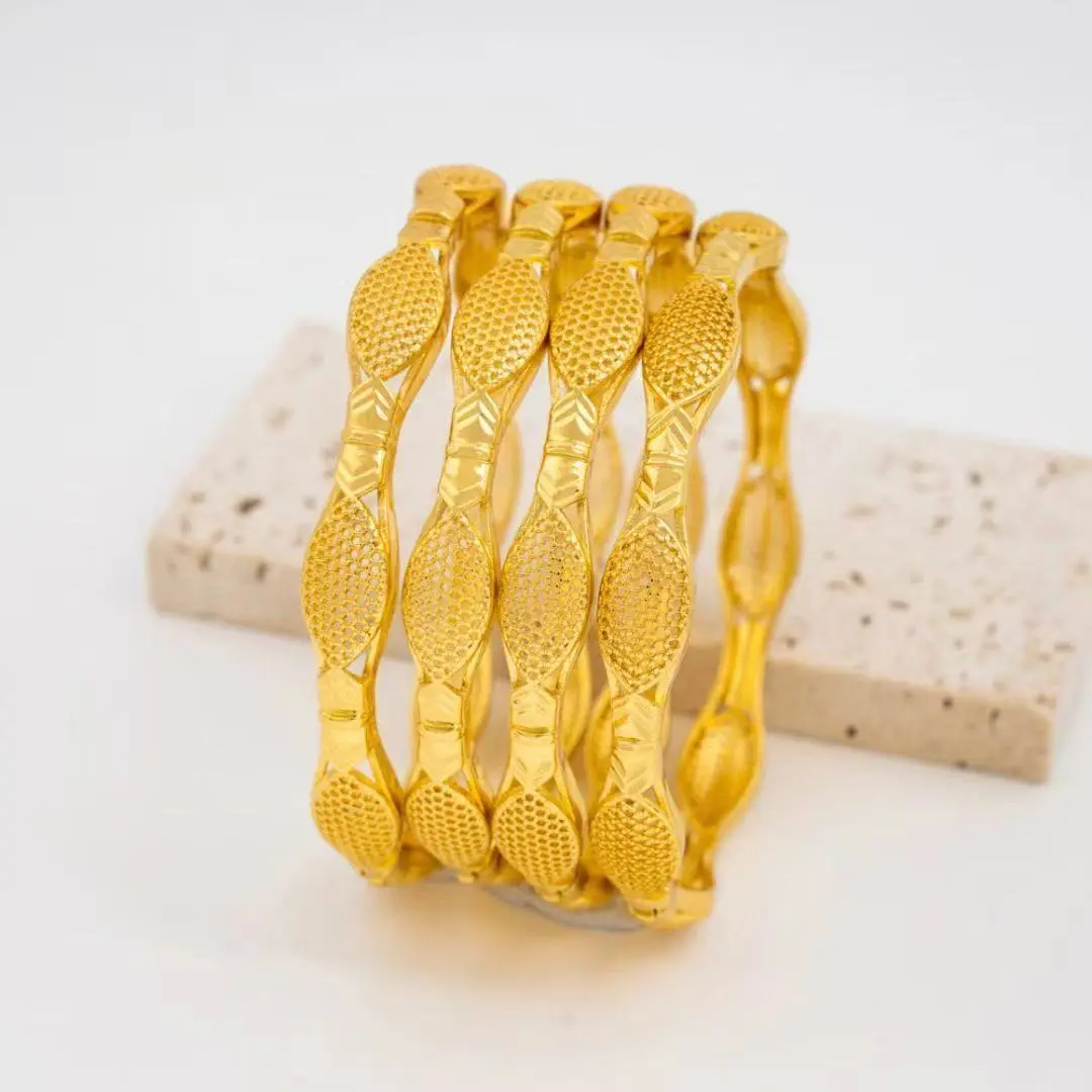 Ethnic Style Bamboo Leaf Openwork Bangle, 24K Gold Tone Copper Adjustable Bracelet, Wedding Jewelry Gift