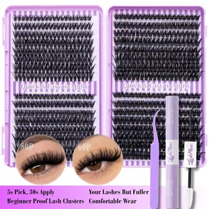 Natural Look Lash Clusters Kit 1 Set DIY Eyelash Extensions with Bond Seal Tweezers Brush Fluffy Wispy Individual Lashes Hybrid Lash Set Beginner Friendly Volume Lashes for Daily Makeup Party Travel Cosmetic bottom