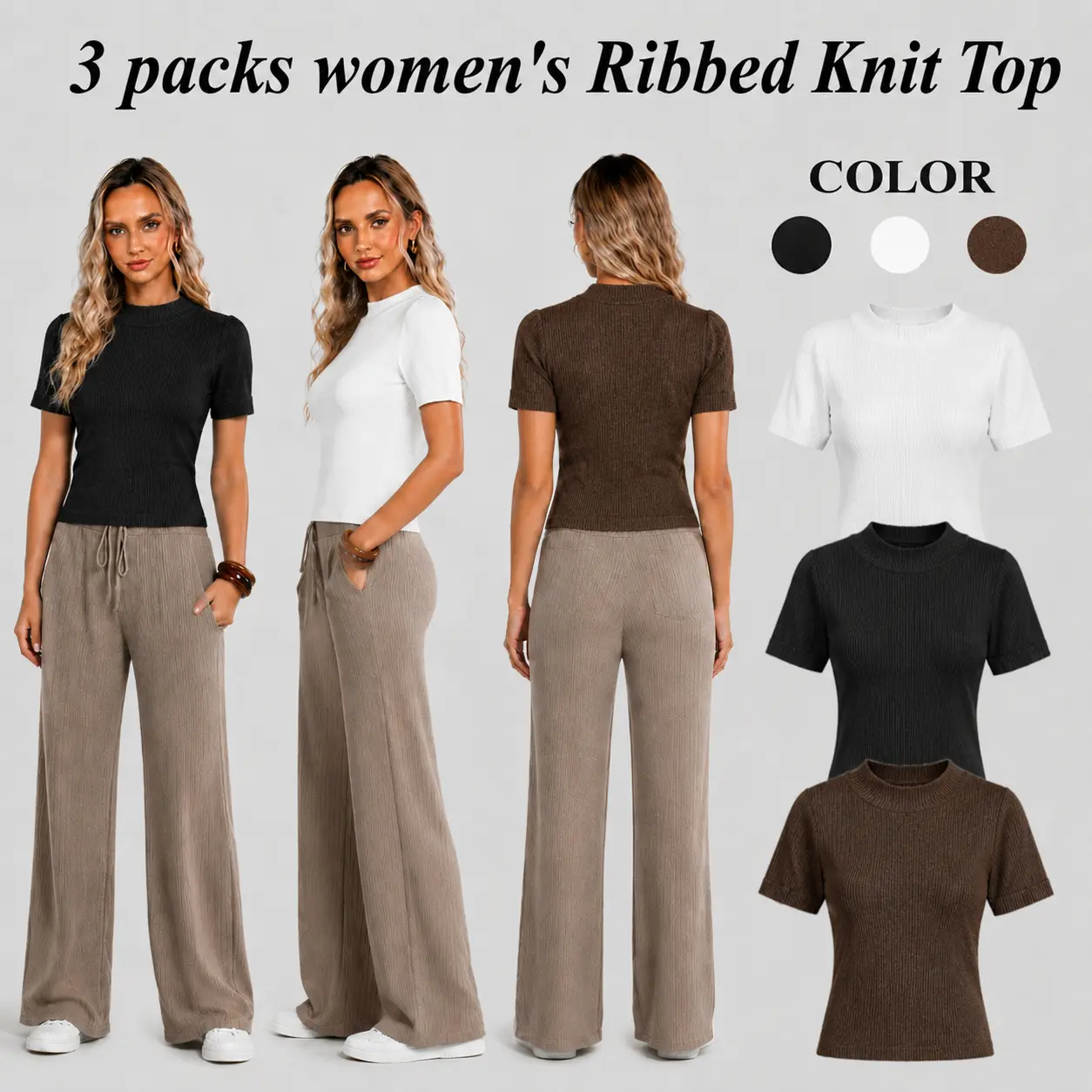 Women's 3-Pack T-Shirts, Plain Ribbed Texture Slim Fit, Short Sleeve Crewneck Polyester Knit for All Seasons Wear, Hand Wash, Round Neck