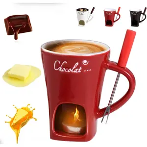 Ceramic Chocolate Melting Cup with Fork Personal Melting Mug for Cheese Ideal for Date Night Birthday Wedding Gifts (Red)