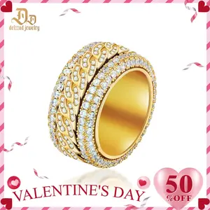 Delzzad Unisex Rotatable Layered Iced Ring Cuban Ring VVS Synthetic Moissanite S925 Band Perfect for Any Occasion & Everyday Wear Lover Birthday Anniversary Christmas Gifts