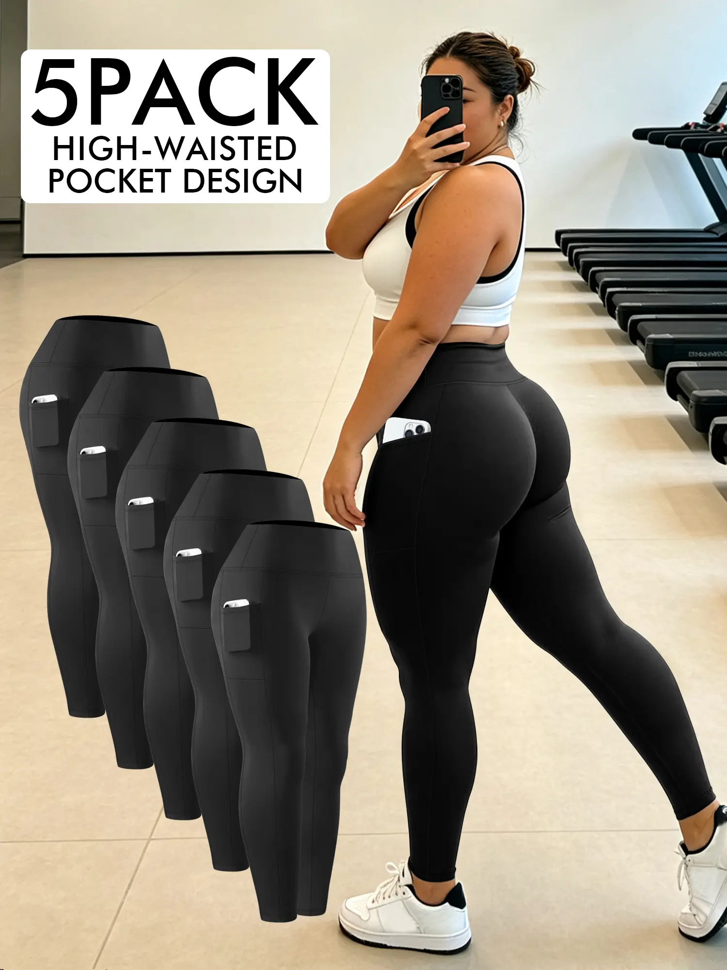 5PCS Soft Leggings for Women, High Waisted Tummy Control Leggings with Pockets, Hug Fit Workout Yoga Pants, Stylish High Waist Gym Sports Tights Activewear