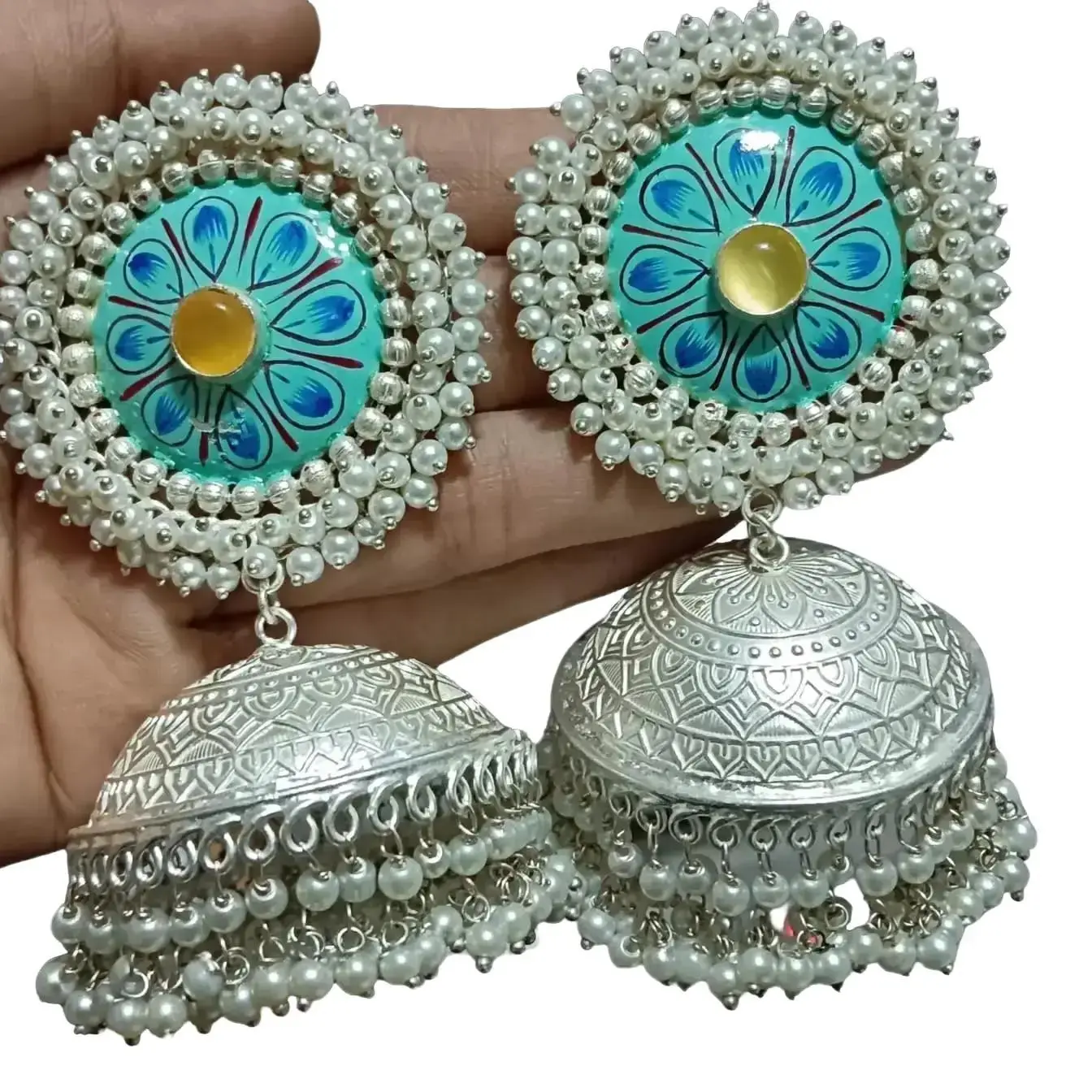 Meenakari, German Silver, Statement Jhumkis