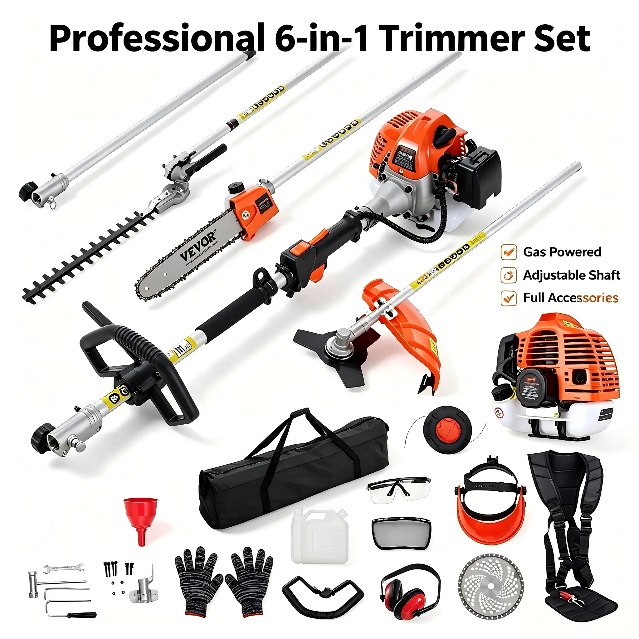 【DealsForYouDays】52CC 6-in-1 Multi-Functional Garden Tool Set - Gas-Powered Grass Trimmer, Hedge Trimmer, Weed Eater, Brush Cutter, Edger, Pole Saw Chainsaw Pruner, Shoulder Strap, Cutting Blade, Lawn Care Dad Gift