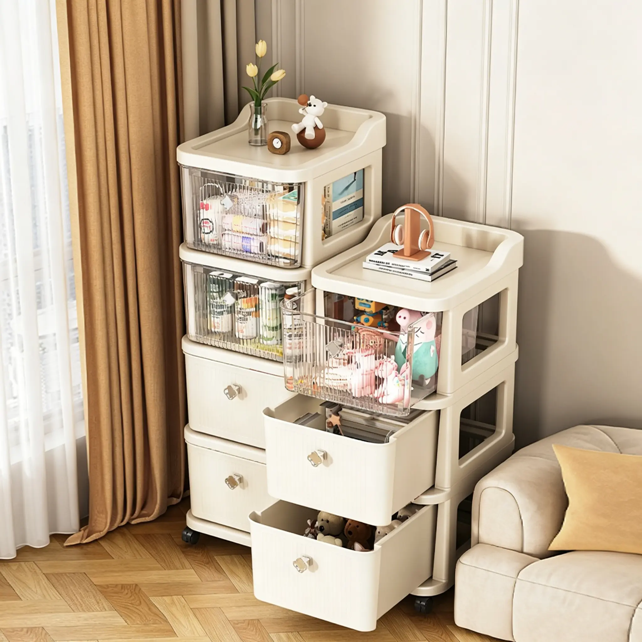 12" Wide 3/4/5-Drawer Rolling Storage Cabinet with Clear & Opaque Drawers, Wheeled Mobile Utility Organizer, Multi-Purpose Privacy-Friendly Storage Tower for Craft, Bathroom, Bedroom, Kitchen, Office, Dorm and Classroom