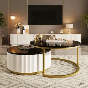 27.6" Round Nesting Coffee Tables Set of 2, Black Indoor Furniture with Marbling Tabletop and Storage Drawer, Ideal for Living Room, Apartment