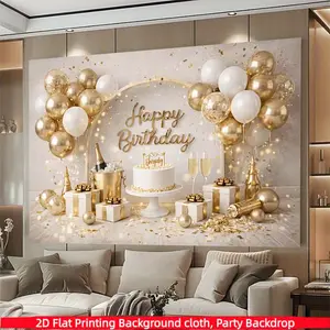 Golden birthday party background banner,made of polyester material,featuring balloon cake and champagne elements, suitable for living rooms, bedrooms, offices, birthdays, anniversaries, home decor, outdoor and indoor parties, photography background fabric