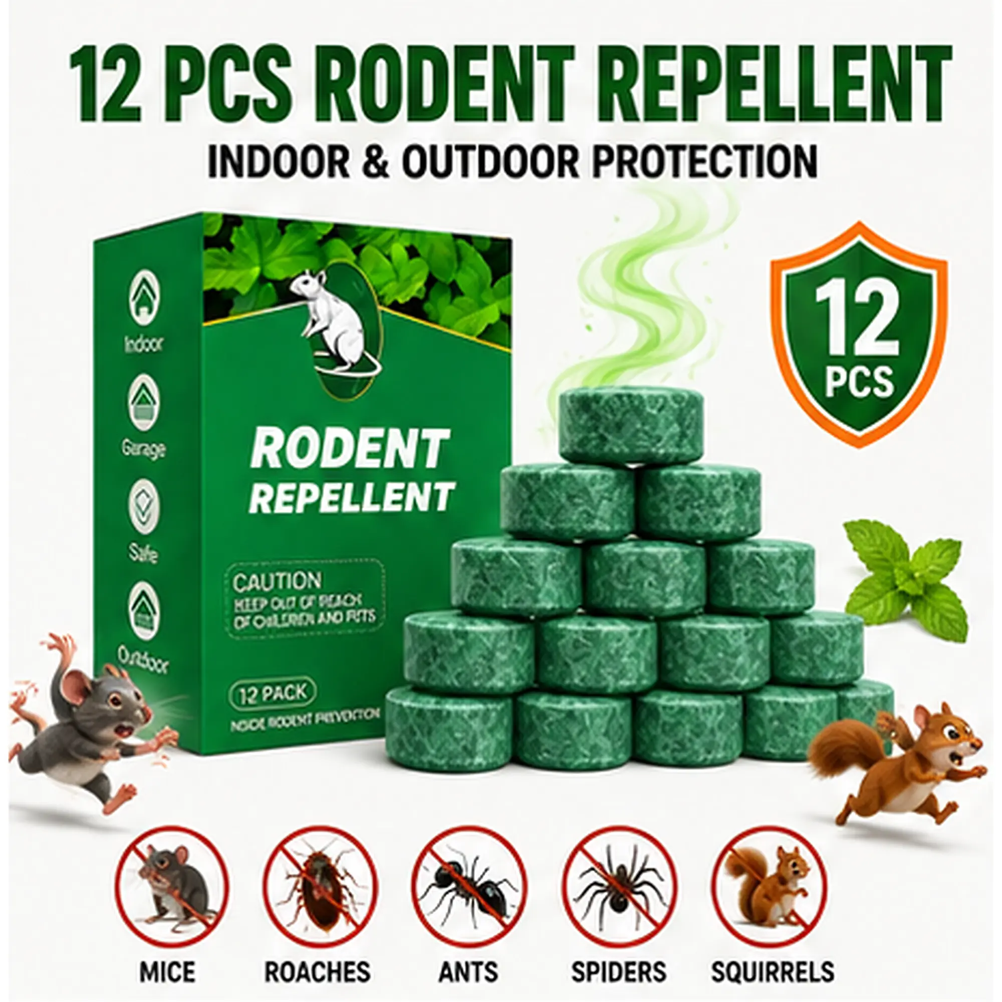 Chemical-Free Pesticide-Free Peppermint Oil Rodent Repellent Balls 12 Pieces Box, Natural Rodents/Insects Deterrent, Pet-Friendly Strong-Scent Control for Home/Garage Indoors/Outdoors