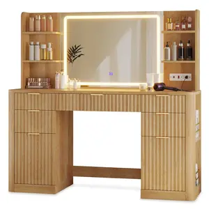 51.2 Inches Fluted Makeup Vanity with Mirror and Lights Oak