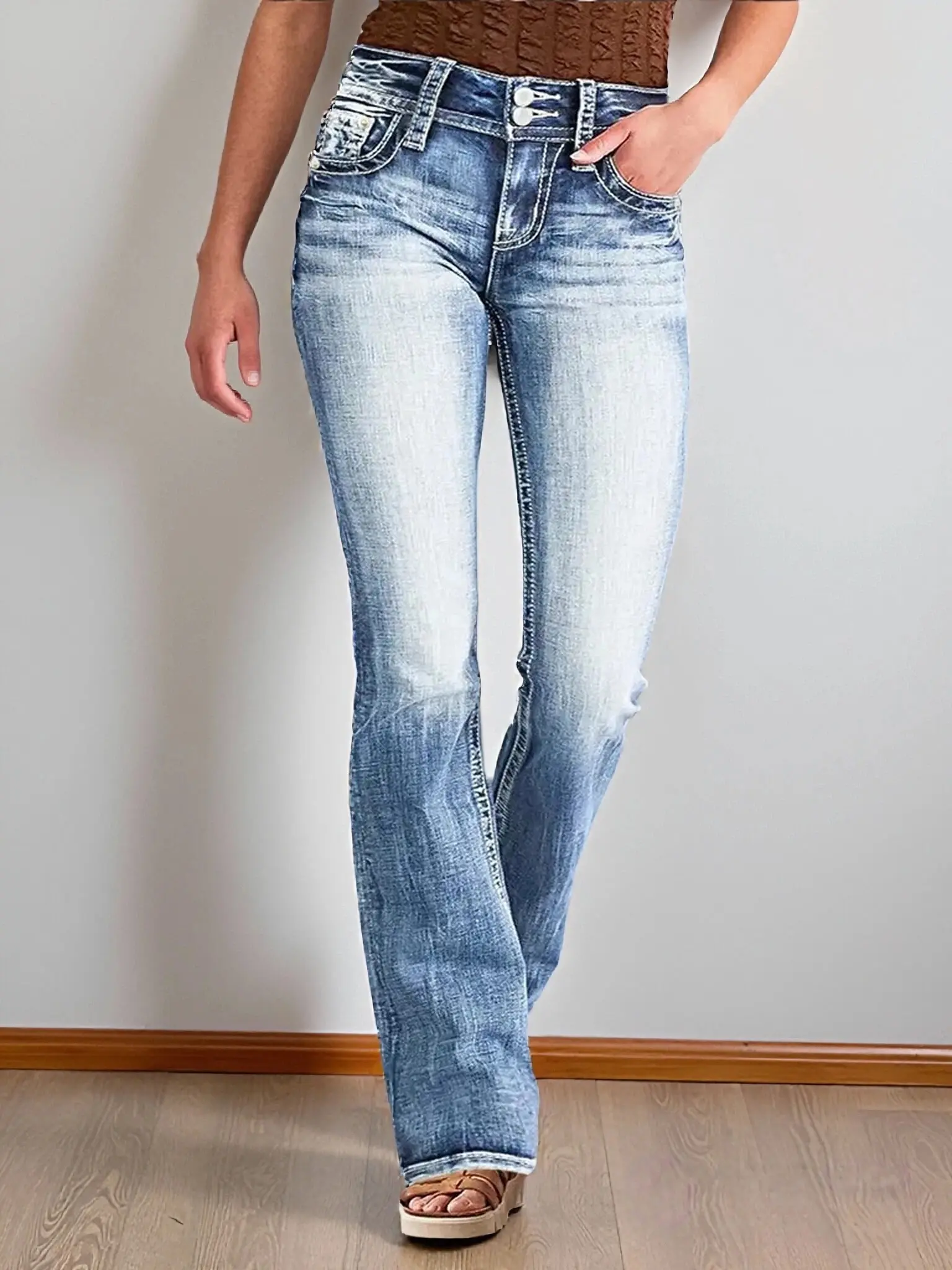 CICILEEDA Women's High-Waisted Stretchy Slightly Flared Western Vintage Denim Pants - Double Button Closure, Washed Light Blue, Hips Enhancer, Fit-Focused, Tummy Controlling, Curvy Denim Style, Basic Casual Wear for Women