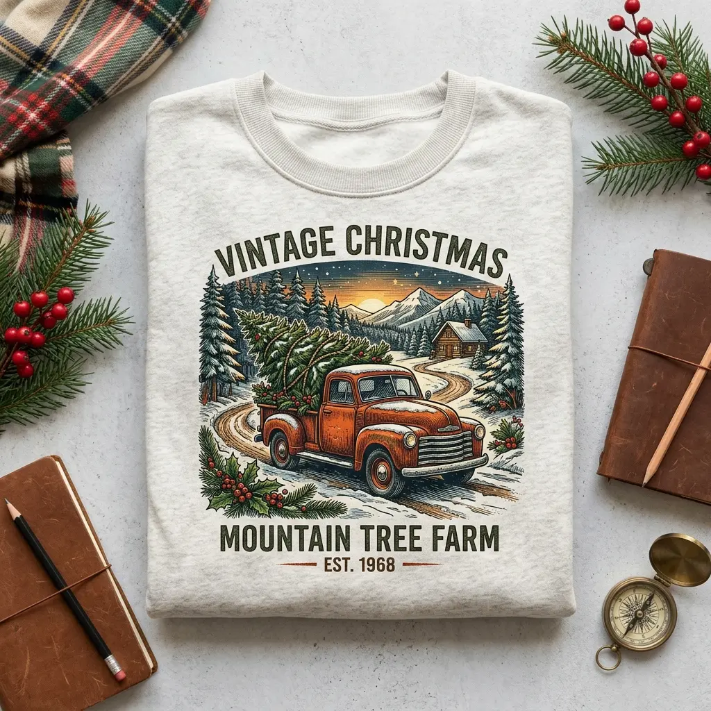 Vintage Red Pickup Carrying Christmas Tree Print, Women's Pullover Sweatshirt, Unisex, Cotton Crewneck, Gildan 1800