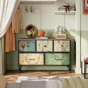 5-Drawer Wide Dresser for Bedroom – Large Fabric Storage Organizer with Wood Top. Organize Clothes, Hold Lamps, Photos. (39.4"L)