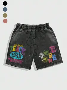 Men's Distressed Vintage Track 1945 Graphic Fitted Sweat Shorts, Colorful Graffiti and Sun Cross Detail, Soft Cotton Blend Fabric for Casual and Festivals