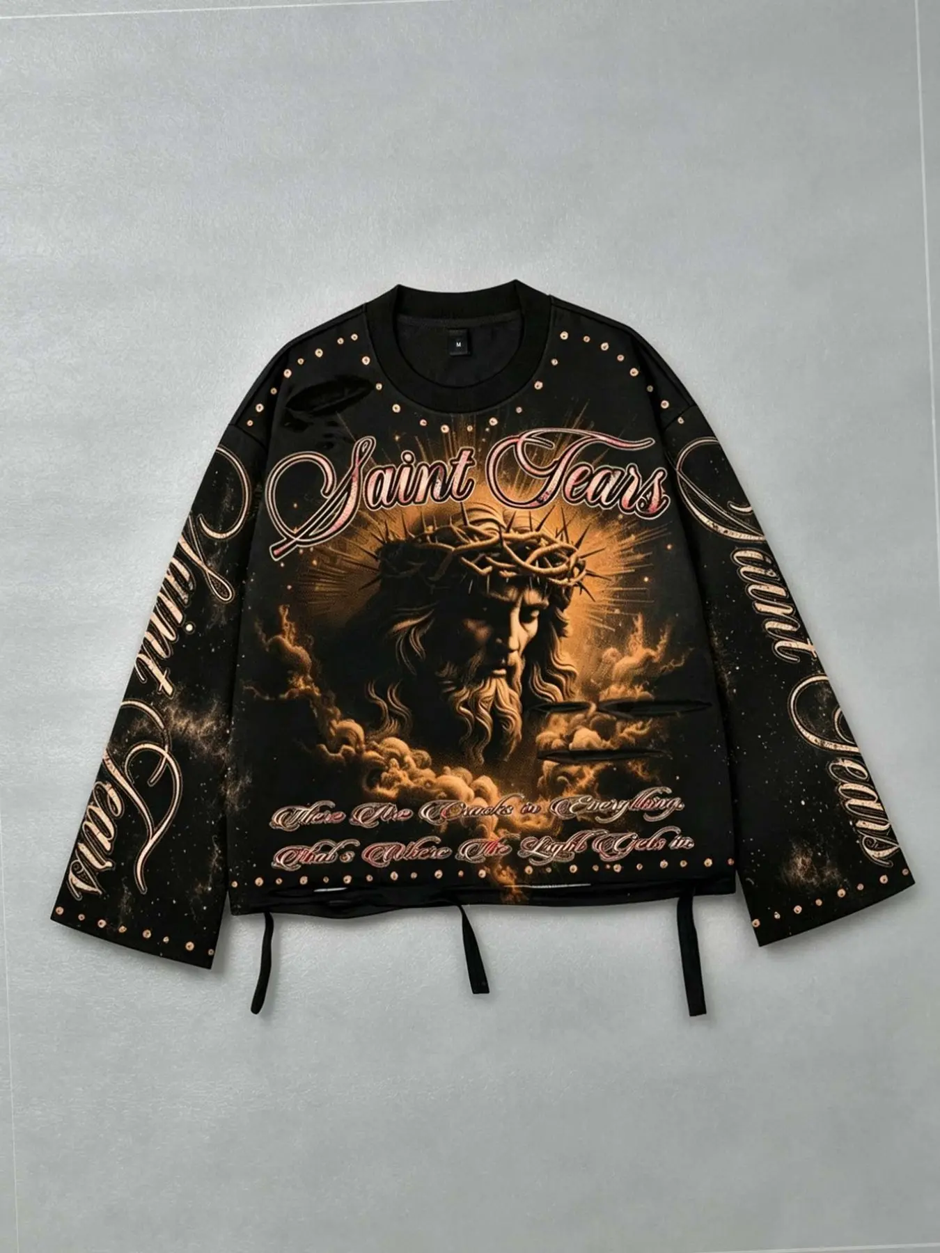 Retro-style Jesus Print Men's Long Sleeve T-Shirt Hoodie, Streetwear Brand Long Sleeve Shirt Flared Hem, Ripped Hem Design, Unisex Loose Fit Spring/Autumn 2026 New Arrivals in American Vintage Jesus Religious Theme