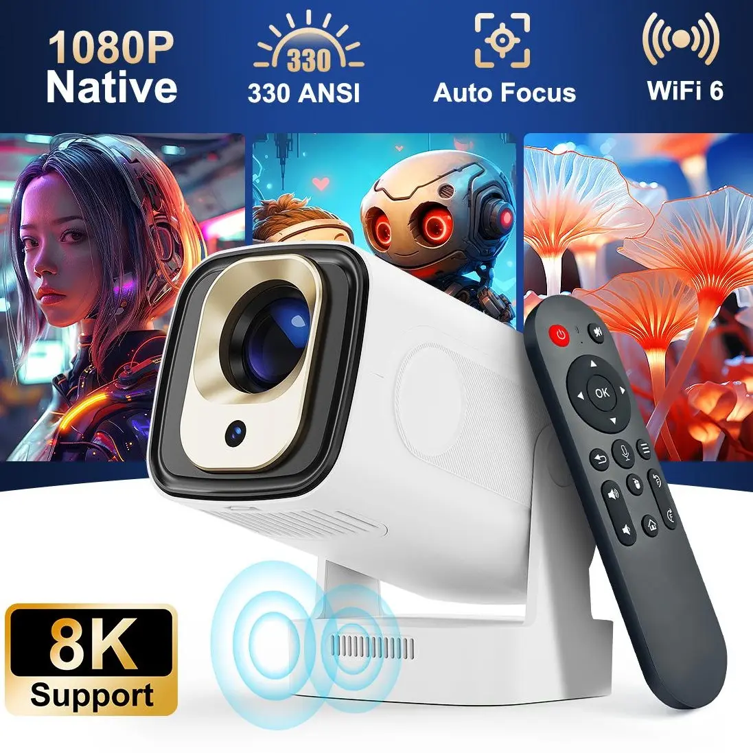 Auto Focus HY310 Intelligent Projector Google Assistant 330ANSI Dual WiFi6 Wireless Bluetooth5.4 1080P Native Auto Keystone Correction Android 14 Built-in Speaker Home Cinema Movie Outdoor #SummerWins #DealsForYouDays