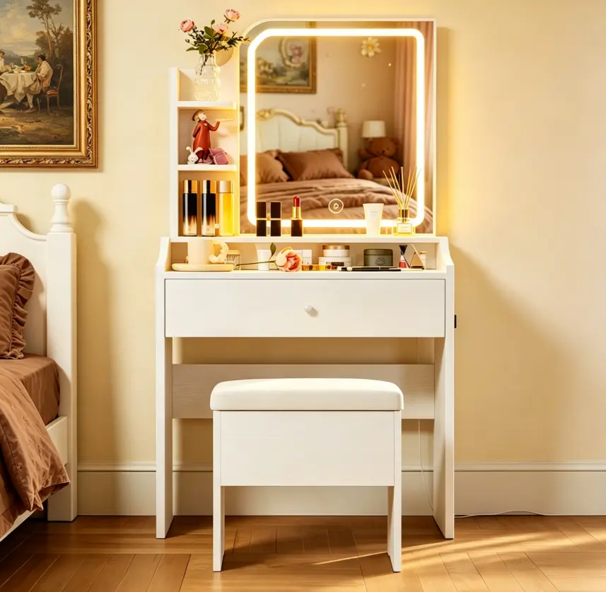 Women's Modern White European Style Vanity Table with Mirror and Lights - Glass Top, 3-Mode Adjustable LED Mirror, Drawers, Shelf, Brightly-Lit Makeup Vanity for Bedroom Indoor Furniture Setup, Vanity With Mirror And Lights, Brightly-Lit Makeup Vanities