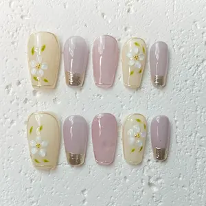 [Petal Charm] Medium Coffin Handmade Press on Nails, Fake Nails with Nail tool kit with Jelly Stickers, Reusable, Durable