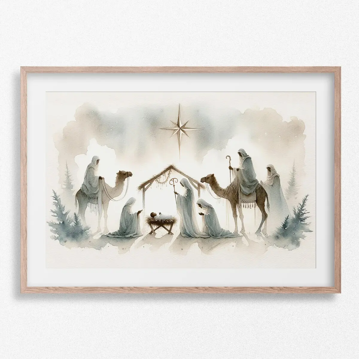 Unframed, Room Decor, Minimalist Nativity Scene Watercolor - Christmas Jesus 5 size, 8x12 to 27x40 inch