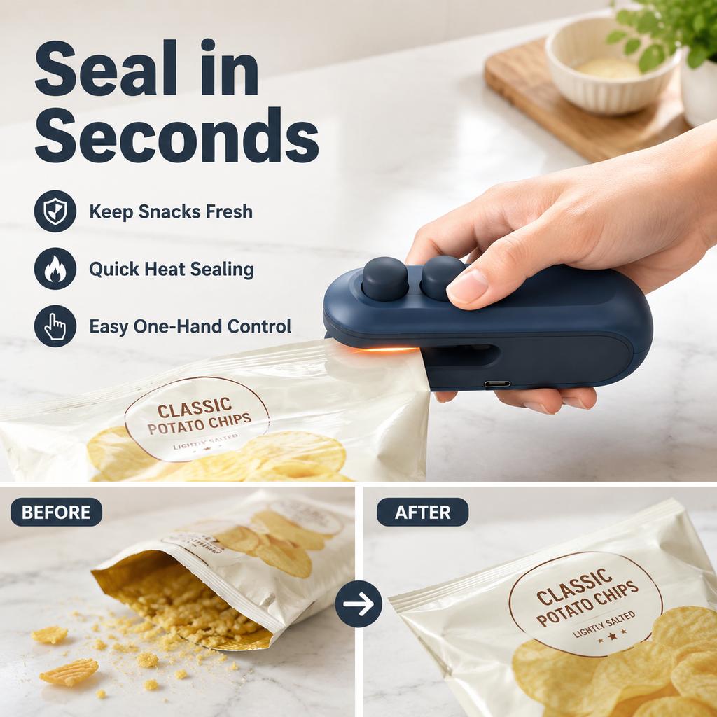 Mini portable sealer & Bag Cutter – Quick Seal Snack Hack, USB Rechargeable, Magnetic
