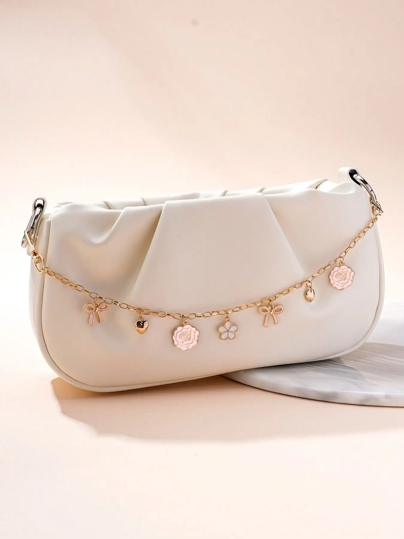 Rose Bow Flower Bag Chain Extenders, Girly Purse Accessories, Cute Bag Charms, Gold Curb Chain Charms with Enamel Charms, Sparkly Bag Charm, Sweet Coquette Bag Decoration Keychain, Romantic Bag Pendant for Tote & Handbag, Ideal for Girls